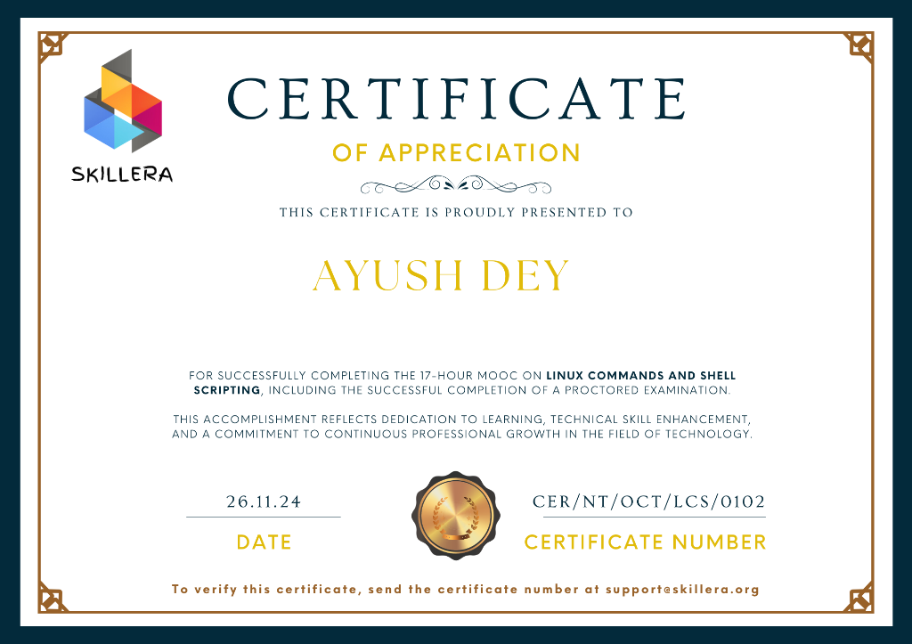 Certificate for Linux Command and Shell Scripting