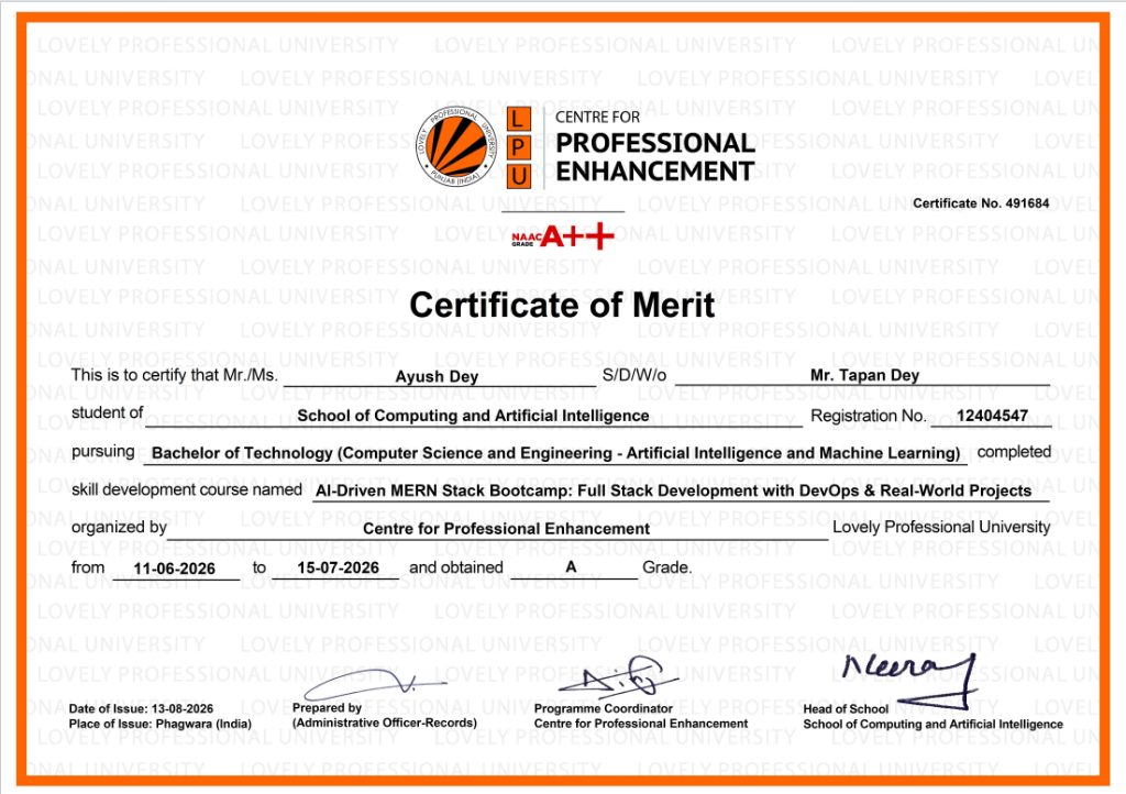 Certificate for AI-Driven MERN Stack Bootcamp